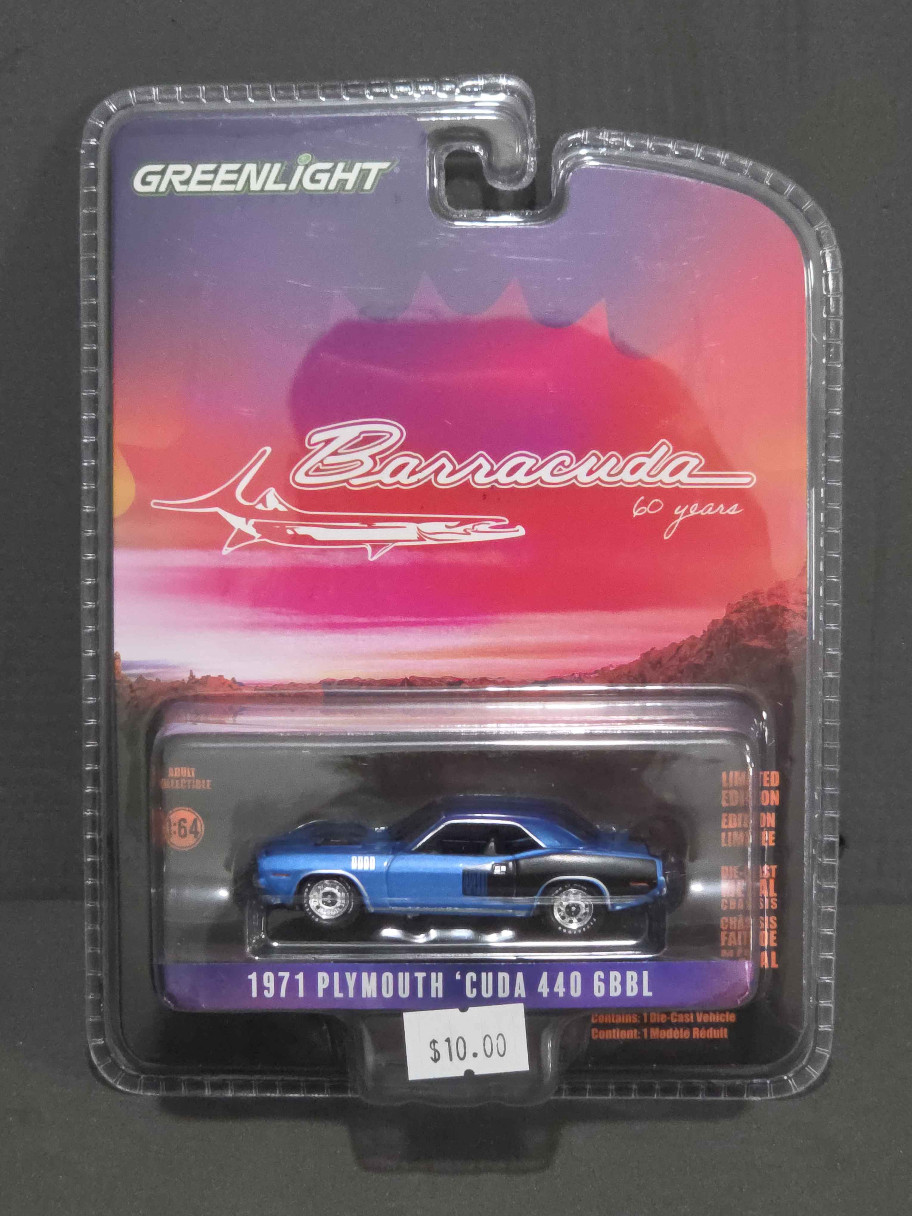 GreenLight: 1971 Plymouth 'Cuda 440 6bbl Shaker - B5 Blue - 'Cuda 60th Anniversary
