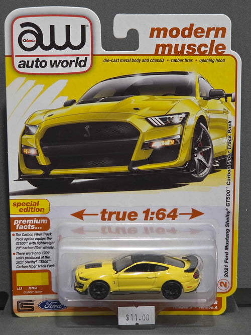Auto World Premium - 2024 Release 5 - 2021 Ford Mustang Shelby GT500 Carbon Fiber Track Pack in Grabber Yellow with Black Roof